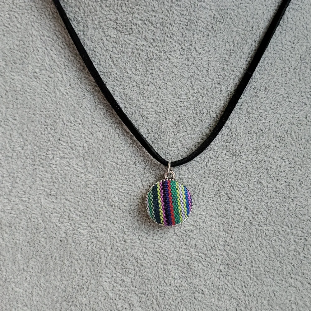 Mens striped fabric charm black suede necklace
